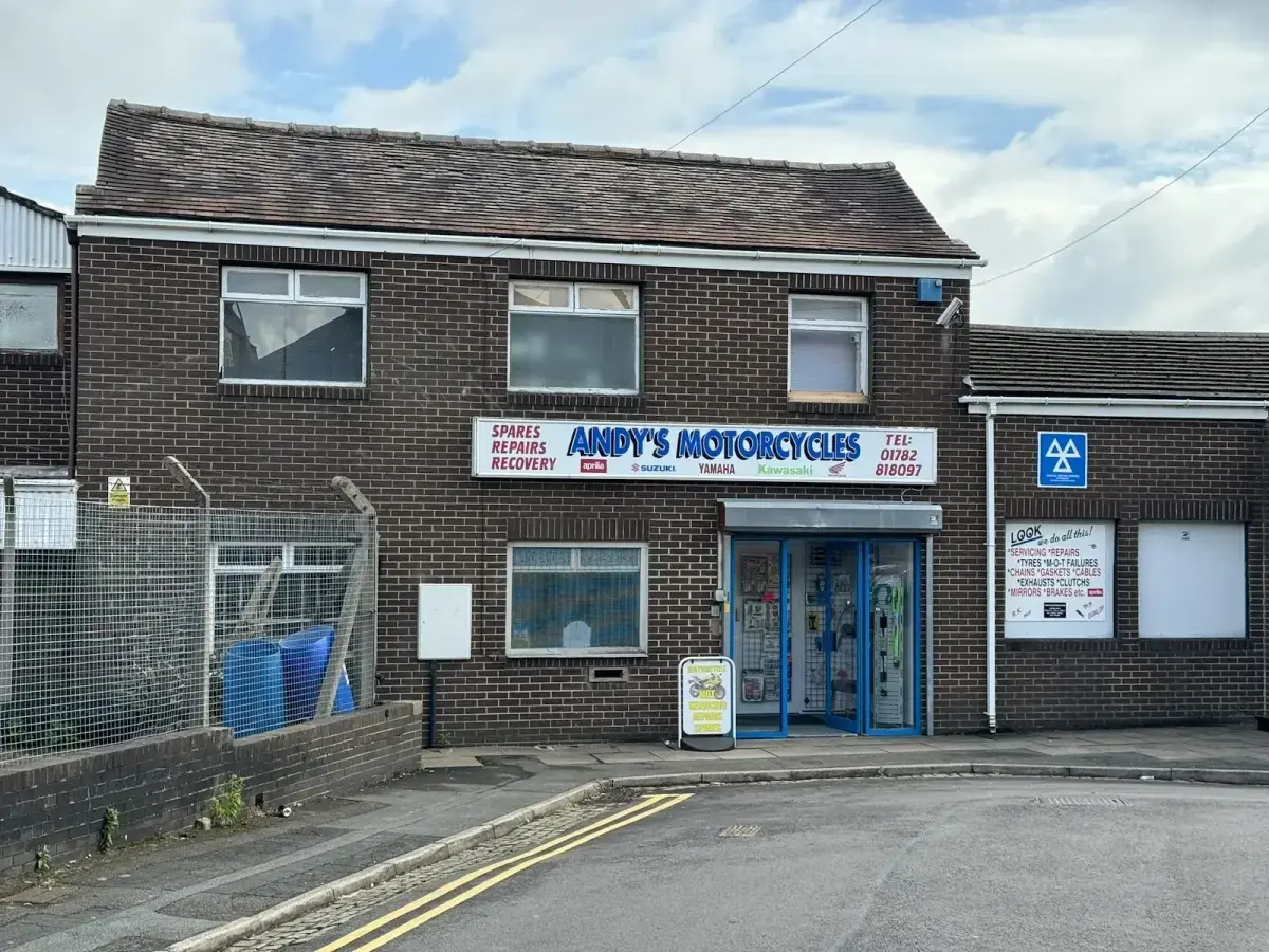 Exterior of Andy's Motorcycles storefront on Podmore Street, Burslem