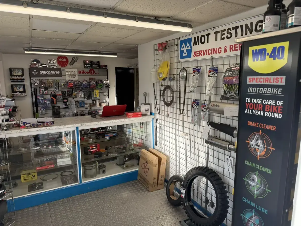 Parts counter and stock inside Andy's Motorcycles, Burslem